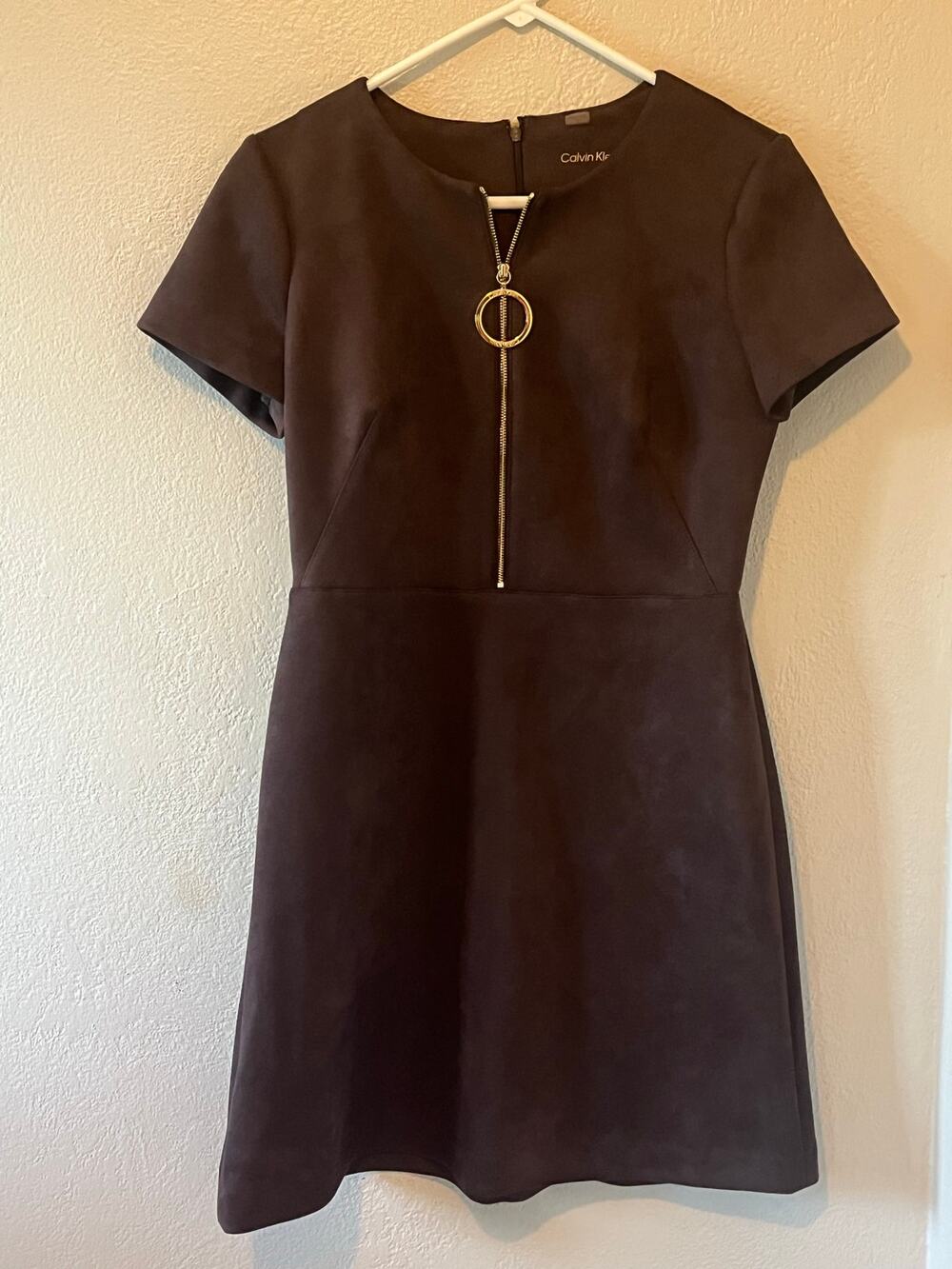 Calvin Klein Sheath Dress Women's Sz 8 Brown Suede O-Ring Zip Short Sleeve Sz 8